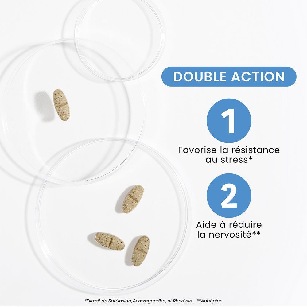 Trois comprimés sur boîtes de Pétri. Texte Double Action. Inscription : Favorise la résistance au stress, aide à réduire la nervosité.