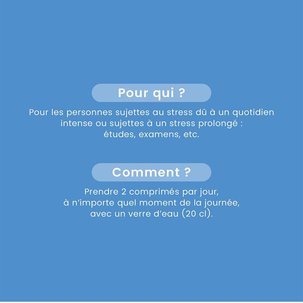 Texte sur fond bleu. Questions et réponses : Pour qui ? Comment ? Prendre 2 comprimés par jour avec de l'eau.