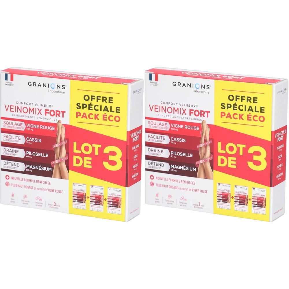 Deux boîtes de Granions Veinomix Fort. Texte : "Offre Spéciale Pack Éco". Contient "Lot de 3".