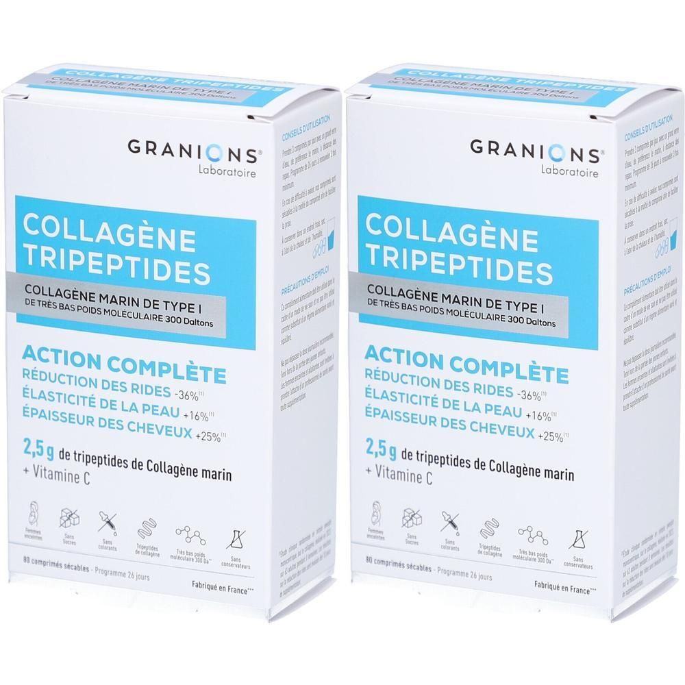 Deux boîtes de "Granions Collagène Tripeptides". Emballage blanc et bleu avec informations produit et logos.