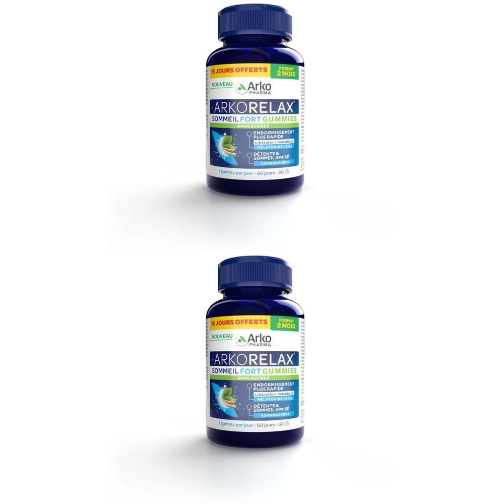 Deux flacons bleus avec étiquette blanche. Inscription: ARKORELAX SOMMEIL FORT Gummies. Accents jaunes et verts. Bouchon bleu.