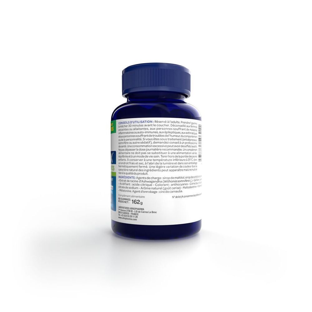 Flacon bleu avec étiquette blanche. Arrière avec texte. Bouchon bleu. Inscription: Ingrédients, mode d'emploi.