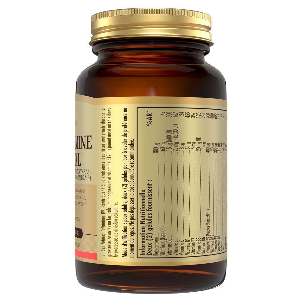 Vue arrière d'une bouteille de Solgar Multivitamine Prenatal. Bouteille en verre brun avec bouchon doré. Étiquette avec informations nutritionnelles et ingrédients.