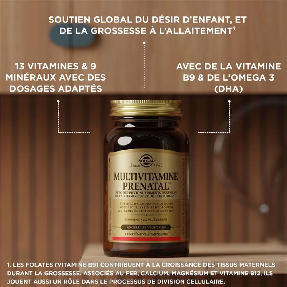 Flacon de Solgar Multivitamine Prenatal. Bouteille en verre brun avec bouchon doré. Texte : Multivitamine Prenatal. Arrière-plan avec texte et illustrations.