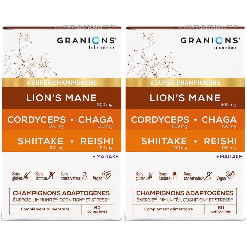 Deux boîtes de Granions Complexe Super Champignons. Inscriptions : Lion's Mane, Cordyceps, Chaga, Shiitake, Reishi, Maitake. 60 comprimés.