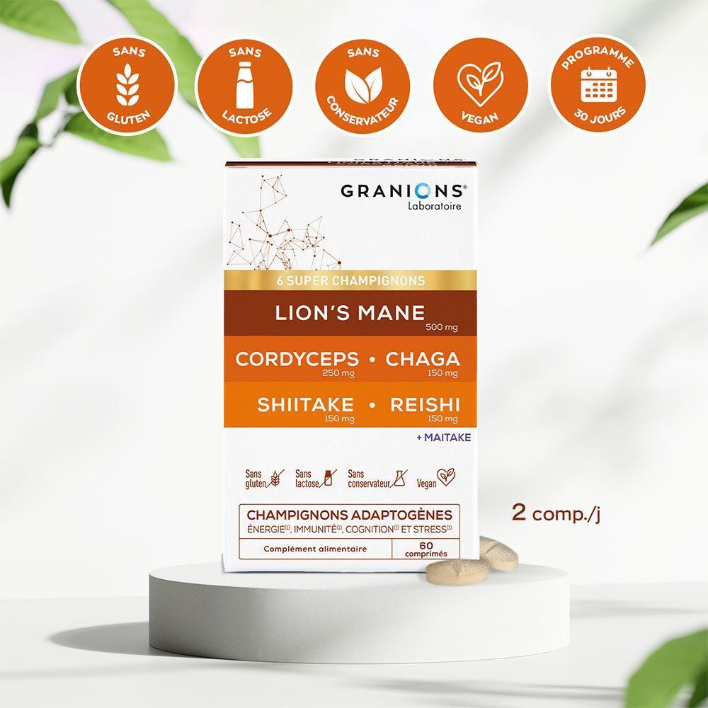 Boîte Granions Complexe Super Champignons sur socle. Inscriptions : Lion's Mane, Cordyceps, Chaga, Shiitake, Reishi, Maitake. 60 comprimés.