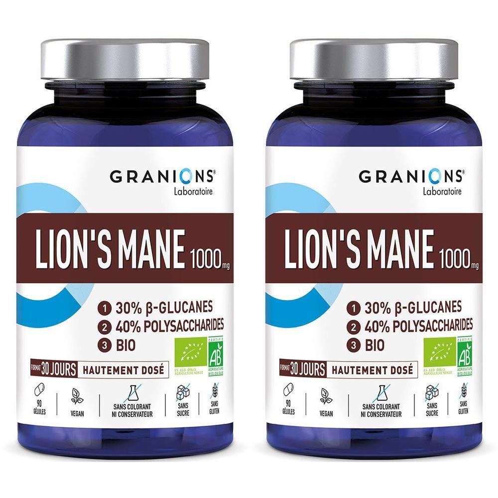 Deux flacons de Granions Lion's Mane 1000 mg. Flacons bleus avec étiquette blanche. Contient 30% de bêta-glucanes et 40% de polysaccharides.