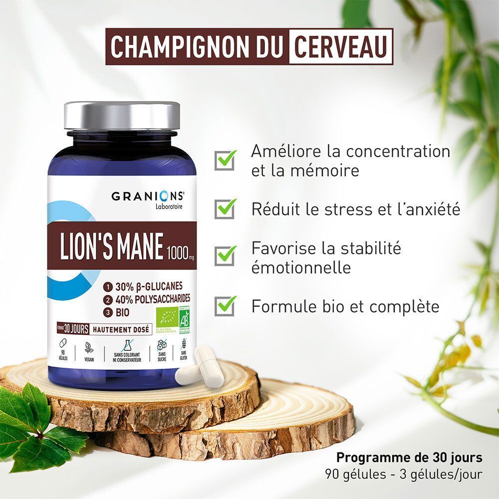 Flacon de Granions Lion's Mane 1000 mg sur rondins de bois. Contient 30% de bêta-glucanes et 40% de polysaccharides. Avec des feuilles vertes.