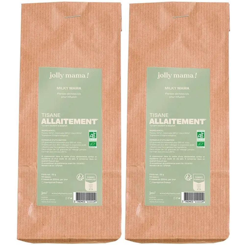 Deux sachets en papier brun avec étiquette verte. L'étiquette indique "Jolly mama! Milky Mama Tisane Allaitement". Certification bio.
