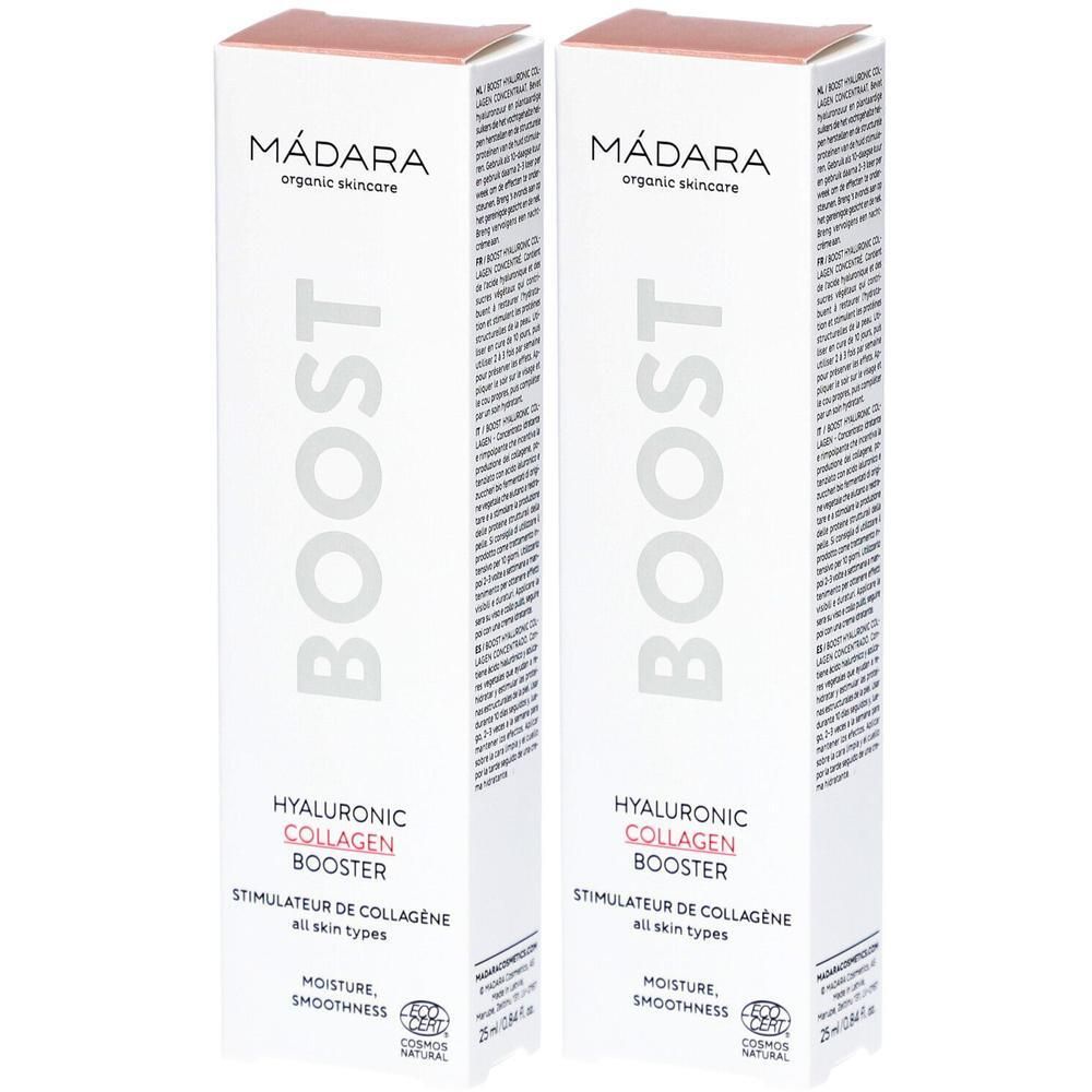 Deux boîtes blanches avec texte. Inscription: MÁDARA, BOOST, Hyaluronic Collagen Booster. Certification COSMOS NATURAL visible.