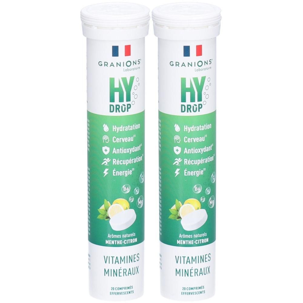 Deux tubes cylindriques blancs. Inscriptions: GRANIONS, HYDROP, Hydratation, Vitamines, Minéraux. Goût menthe-citron. 28 comprimés effervescents.