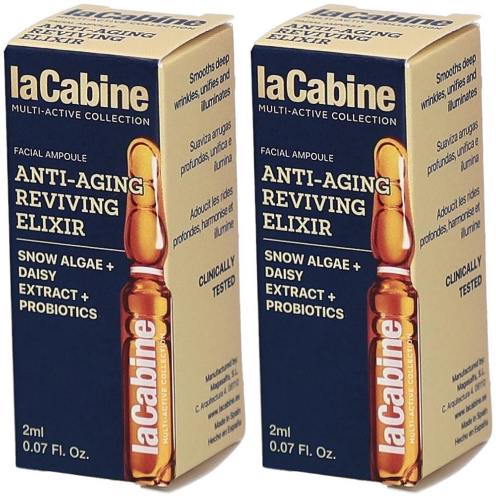 Deux boîtes avec ampoules. Inscription: laCabine, Anti-Aging Reviving Elixir. Contient algue des neiges, extrait de marguerite et probiotiques.