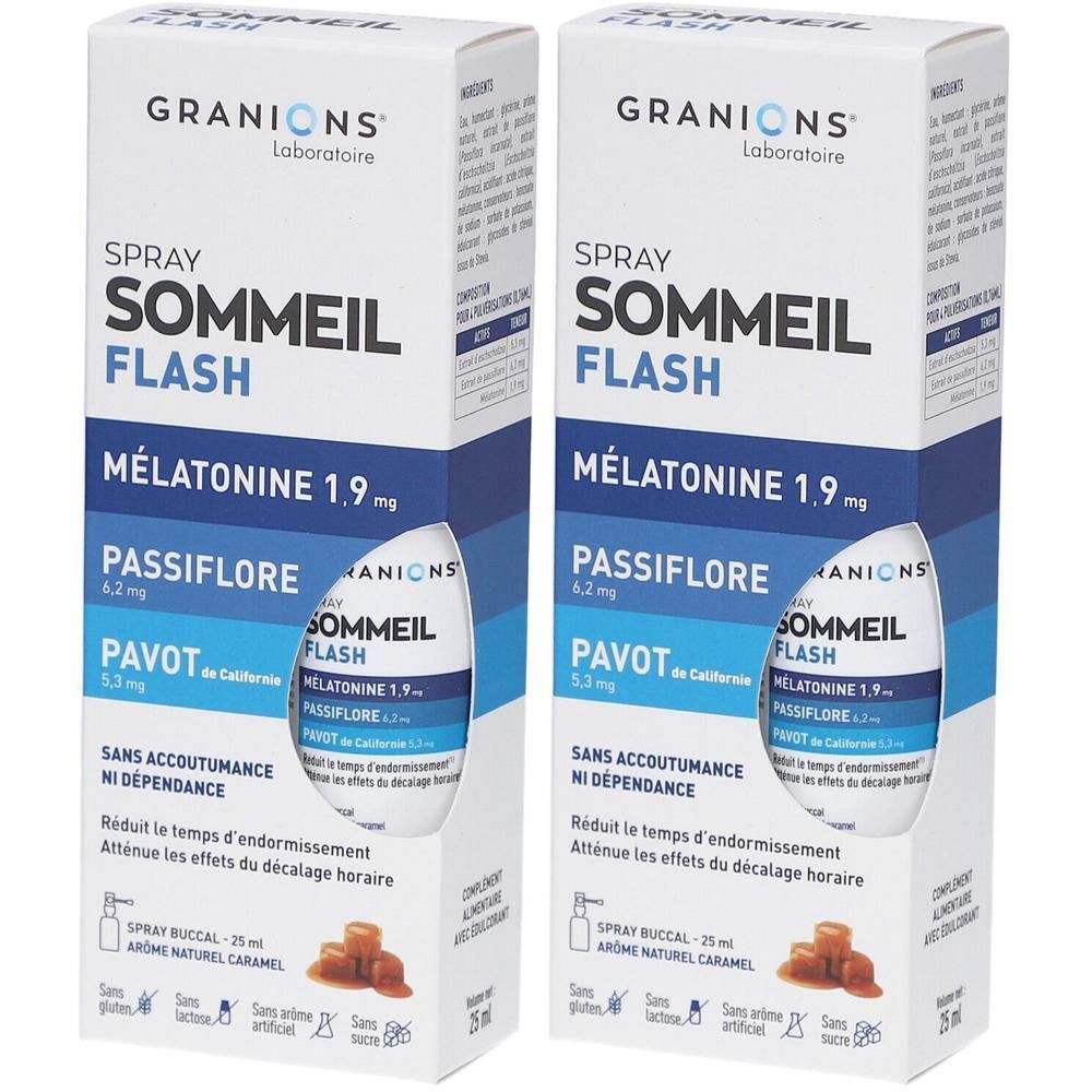 Deux boîtes blanches. Inscription: SOMMEIL FLASH, Mélatonine 1.9 mg, Passiflore, Pavot. Illustration de caramel.