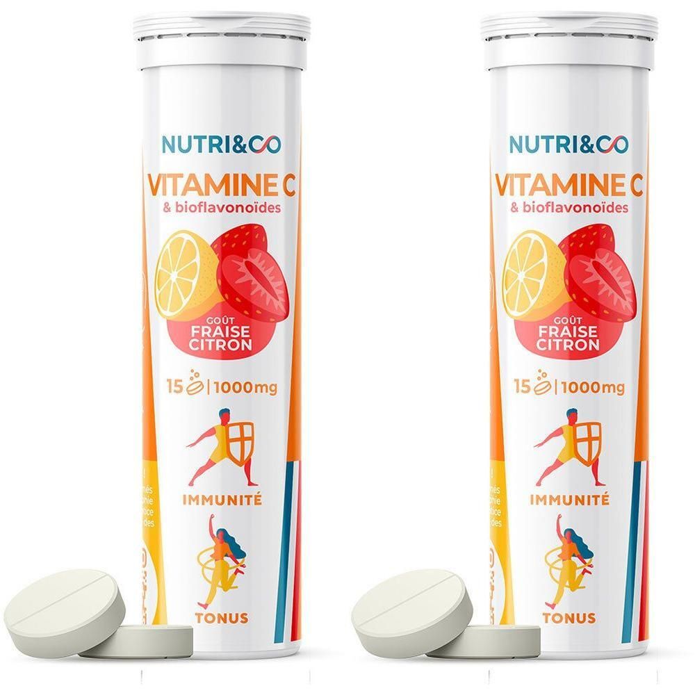 Deux tubes de comprimés de vitamine C. Inscription: NUTRI&CO, Vitamine C, citron, fraise, 15 comprimés, 1000mg, immunité, tonus.