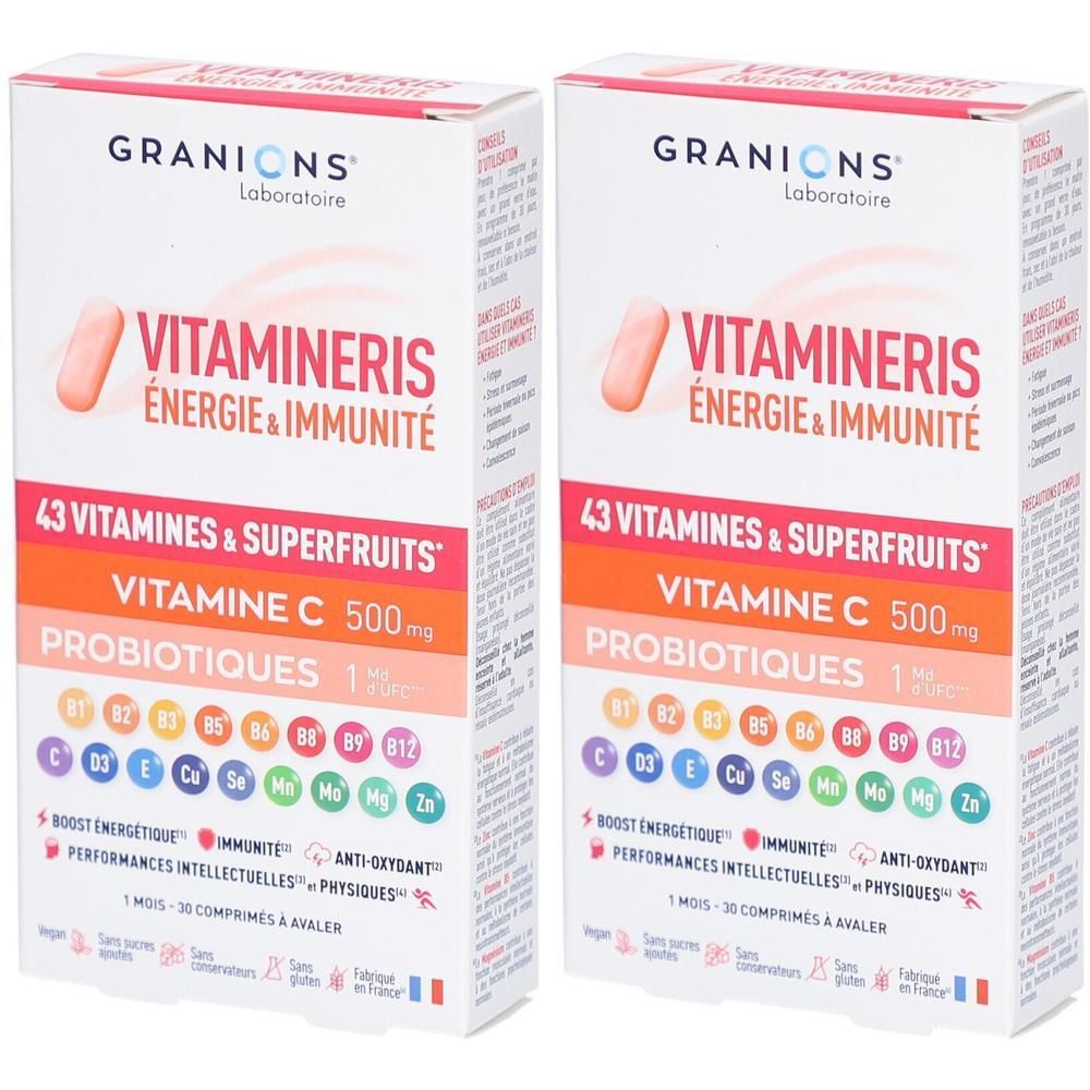 Deux boîtes de Granions Vitamineris Energie & Immunité. Emballage blanc avec nom et ingrédients. Contient 30 comprimés.