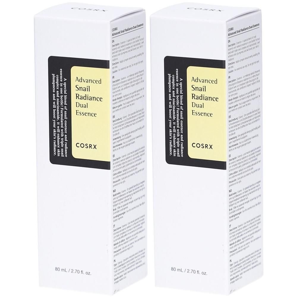 Deux boîtes blanches. Sur chacune, "Advanced Snail Radiance Dual Essence" et "COSRX". Texte multilingue.