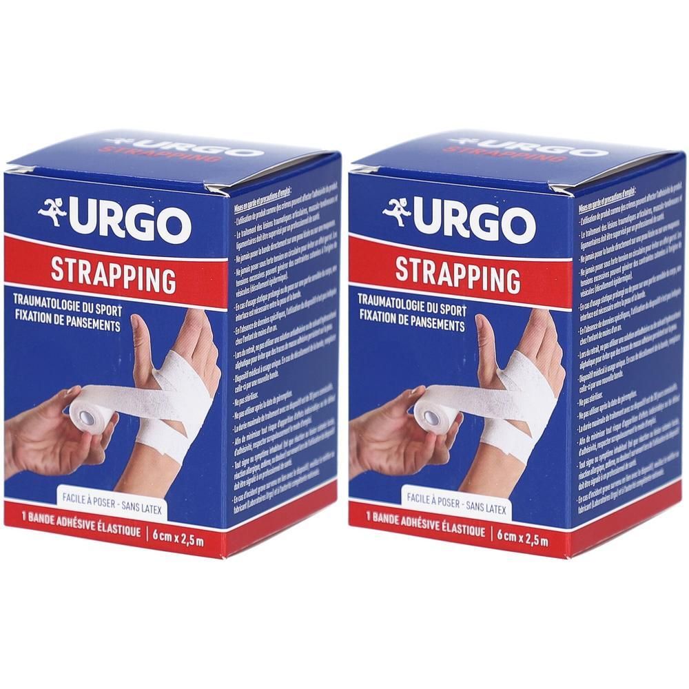 Deux boîtes carrées. Inscription URGO STRAPPING. Texte: Traumatologie du sport, Fixation de pansements. 6 cm x 2,5 m. Illustration de bandage.