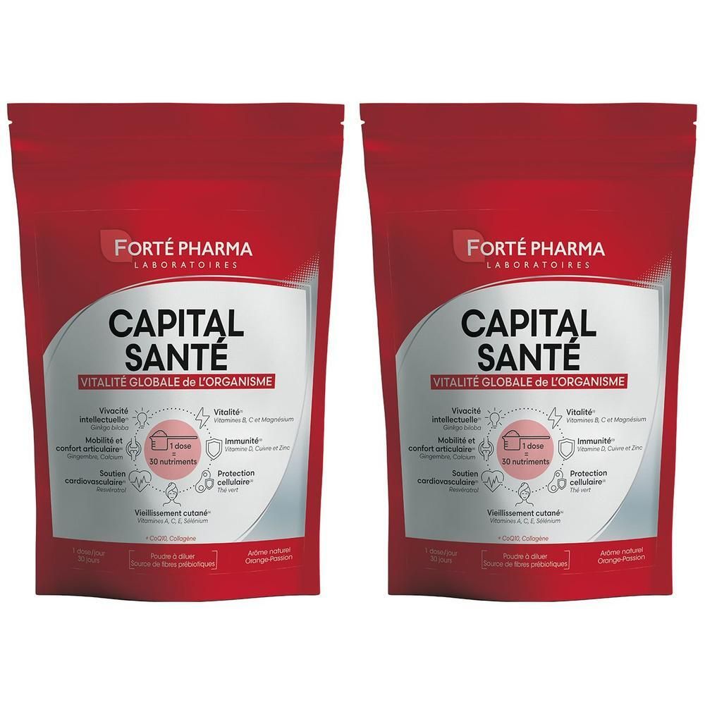 Deux sachets rouges "Forté Pharma Capital Santé". Texte: "Vitalité Globale de l'Organisme".