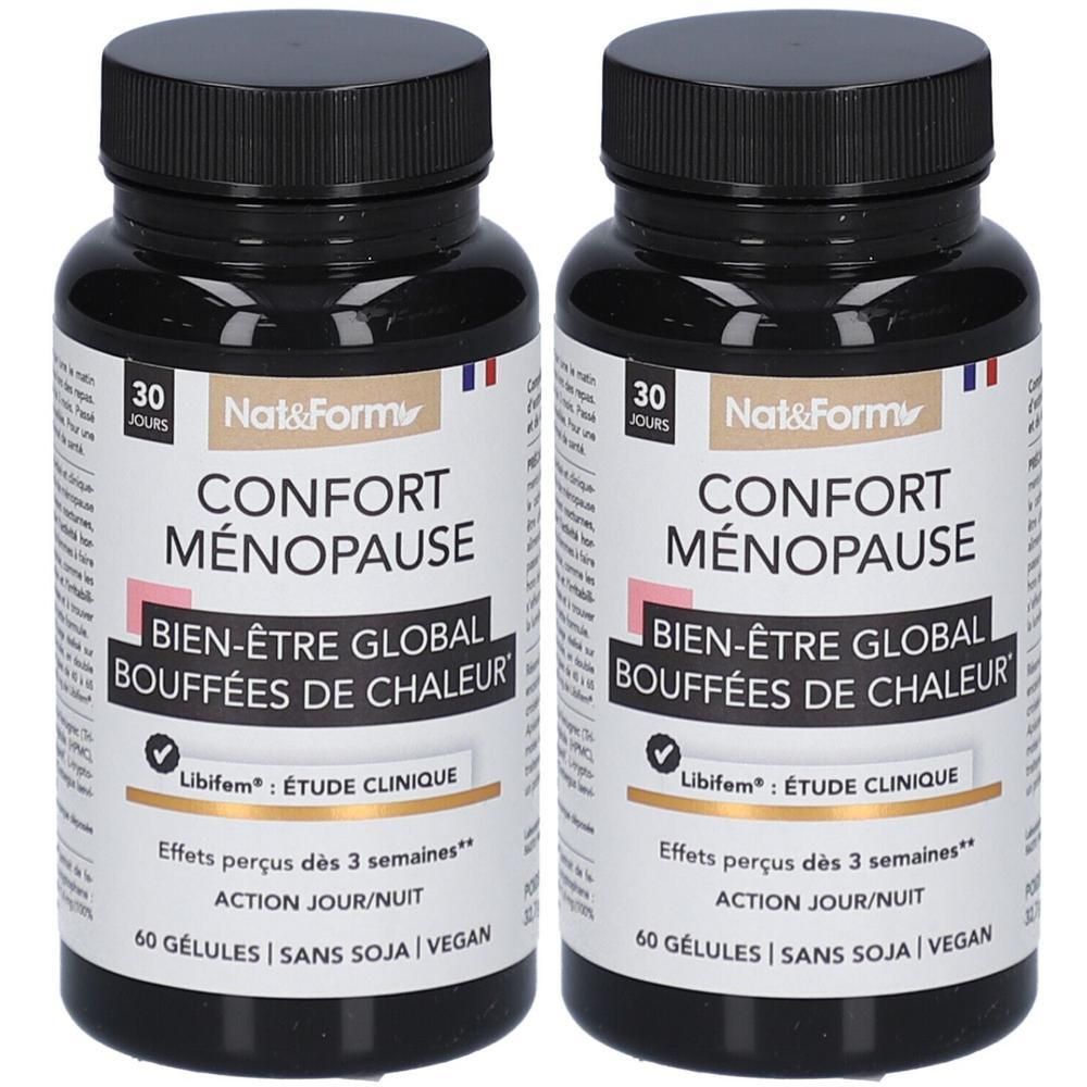 Deux flacons noirs de compléments alimentaires. Inscription: NAT & FORM, CONFORT MÉNOPAUSE, BIEN-ÊTRE GLOBAL, BOUFFÉES DE CHALEUR. 60 gélules, vegan.