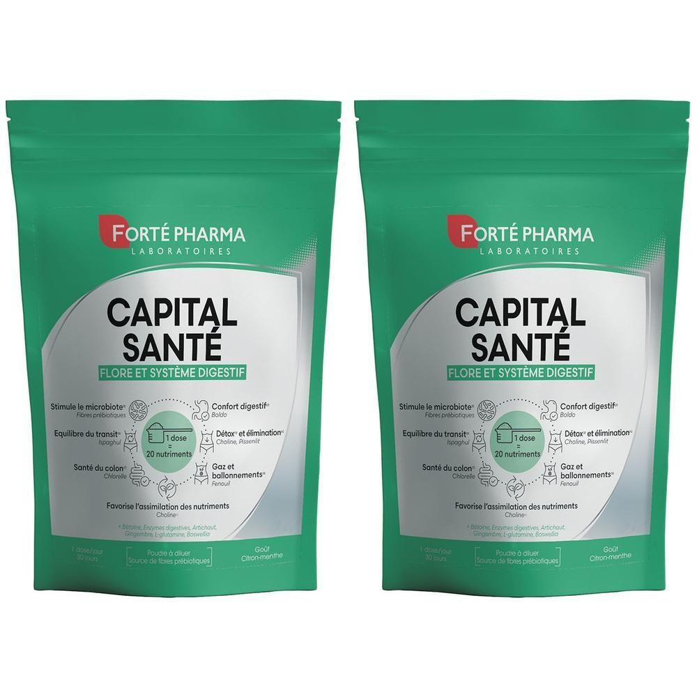Deux sachets verts avec l'inscription "FORTÉ PHARMA CAPITAL SANTÉ FLORE ET SYSTÈME DIGESTIF".