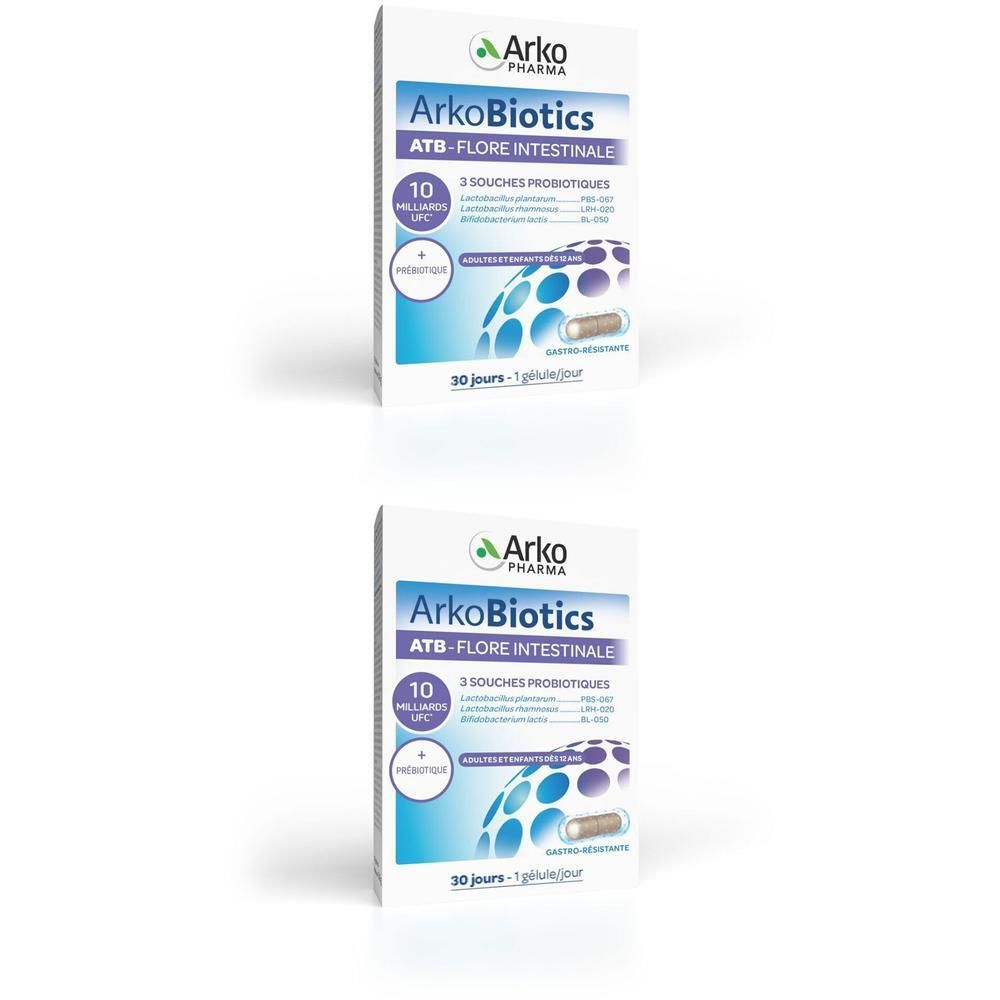 Deux boîtes Arkobiotics ATB Flore intestinale. Boîtes blanches avec texte bleu et vert. Illustration de gélule.