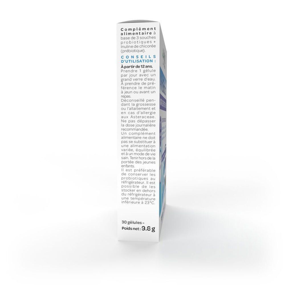 Vue latérale de l'emballage Arkobiotics. Contient les conseils d'utilisation. Fond blanc.