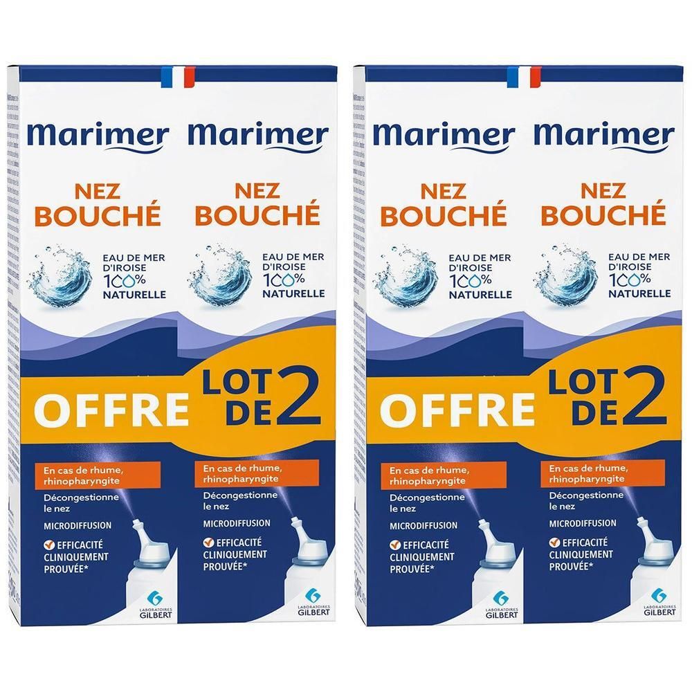 Deux boîtes de MARIMER NEZ BOUCHÉ. Emballage bleu et blanc avec informations produit et logo.