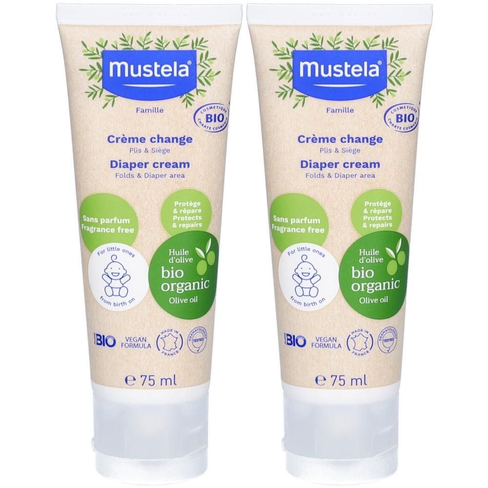 Deux tubes de crème Change. Inscription: Mustela, Crème change, Diaper cream, BIO, vegan. Huile d'olive. 75 ml.
