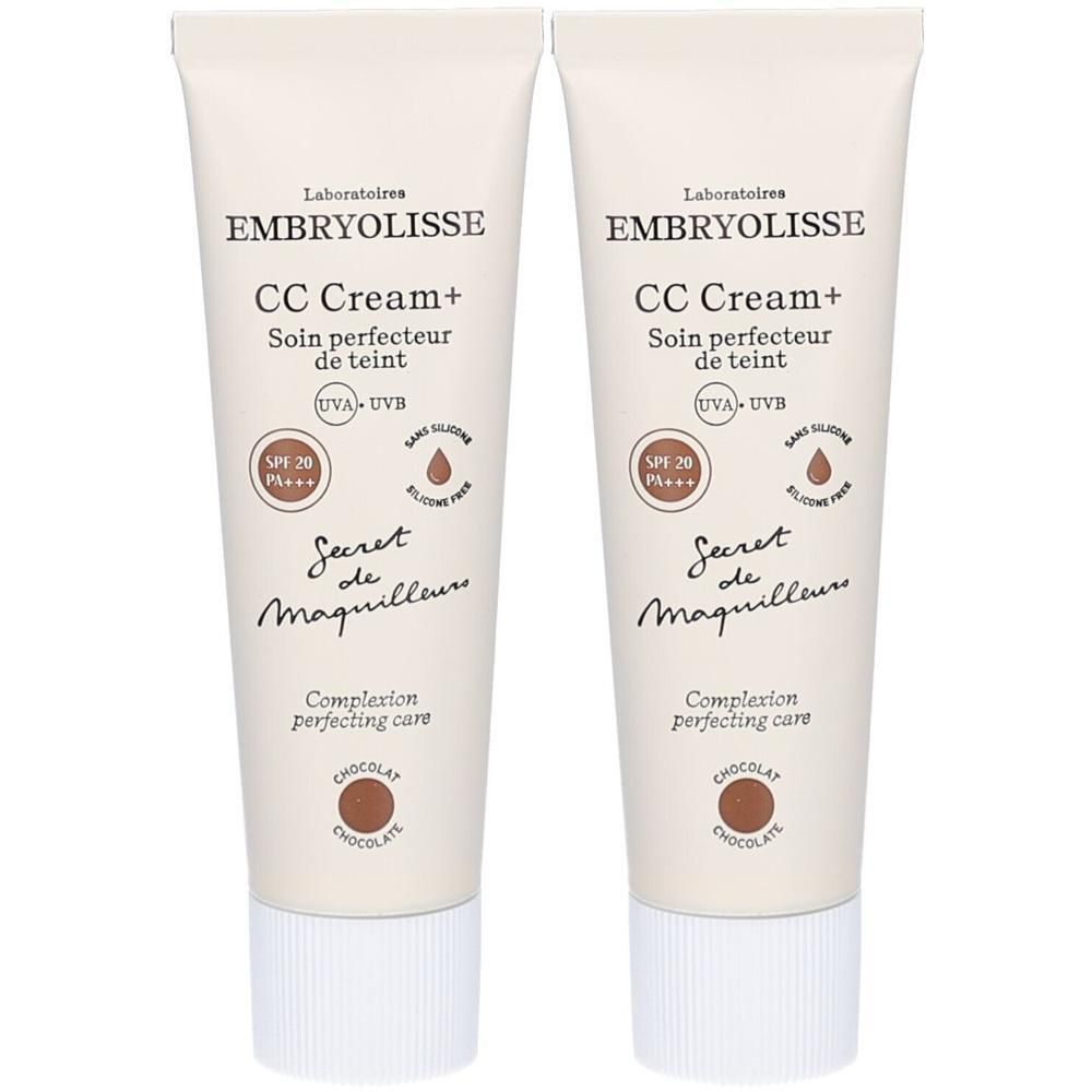 Deux tubes de CC Cream+ Embryolisse. Inscription : SPF 20, sans silicone. Teinte : Chocolat. Emballage à bouchon blanc.