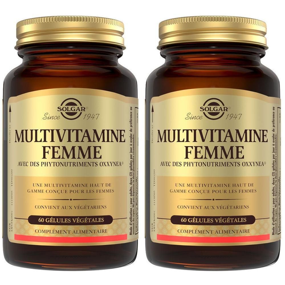 Deux flacons en verre brun avec des couvercles dorés. Étiquettes : "Multivitamine Femme" et "Solgar".