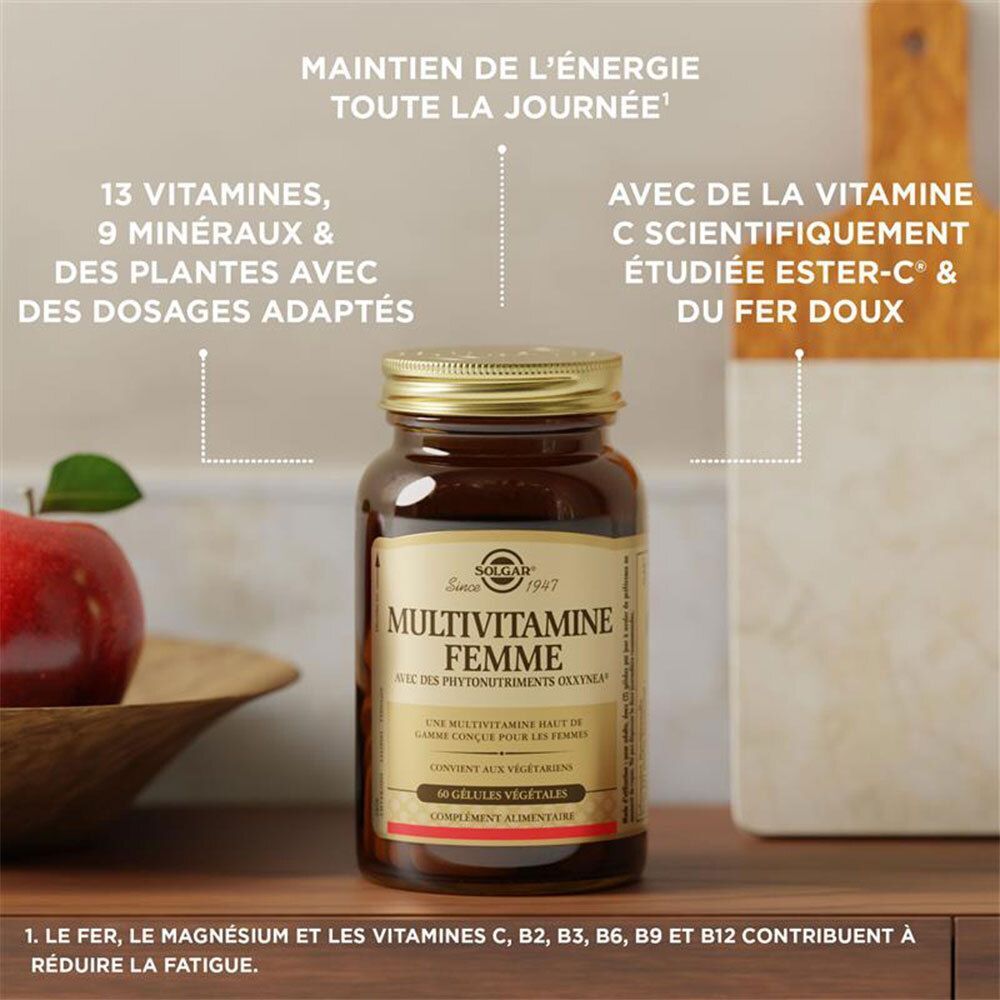 Flacon en verre brun avec couvercle doré. Étiquette : "Multivitamine Femme" et "Solgar".