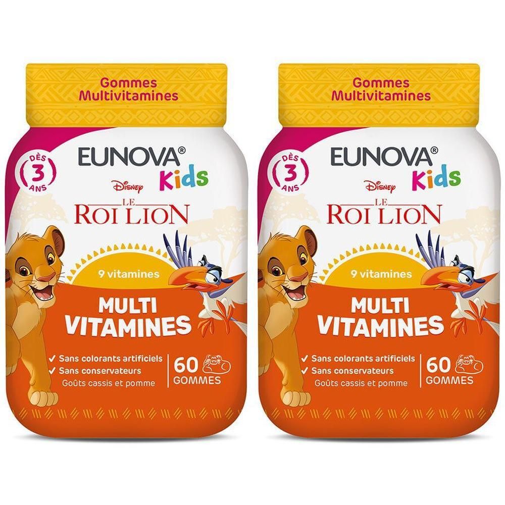 Deux flacons de multivitamines Eunova Kids. Inscription : Multi Vitamines, 9 vitamines, 60 gommes. Avec des illustrations de Simba.