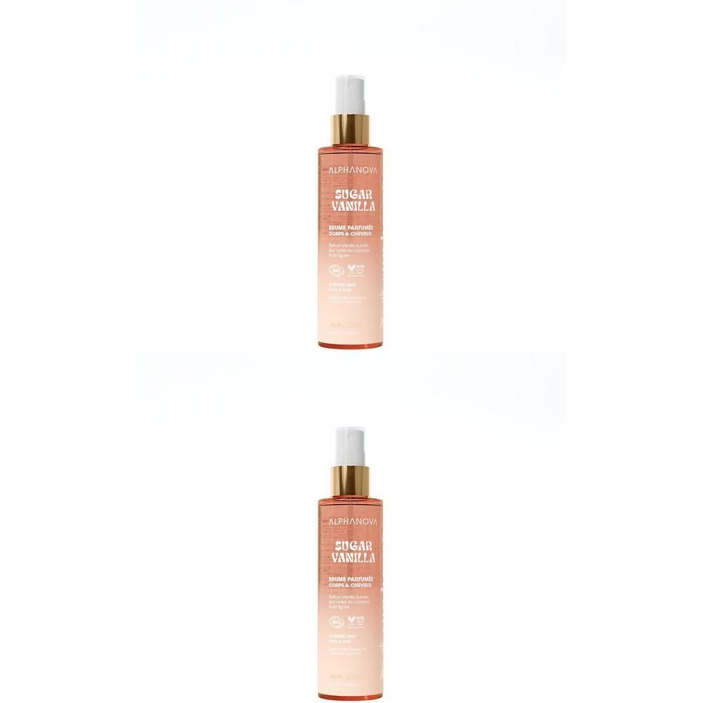 Deux flacons vaporisateurs avec bouchons dorés. Inscription : Sugar Vanilla. Dégradé de rose à blanc.