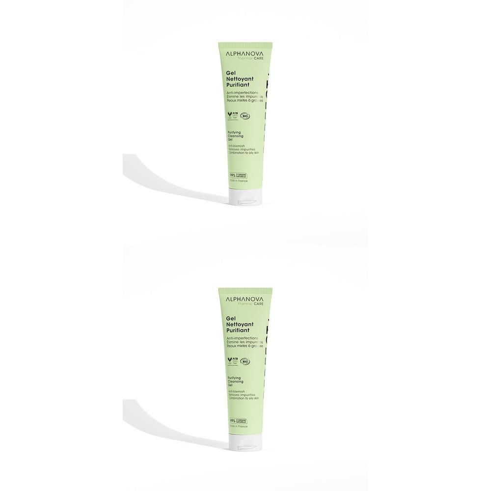 Deux tubes verts avec bouchons blancs. Marque "ALPHANOVA". Texte: "Gel Nettoyant Purifiant".