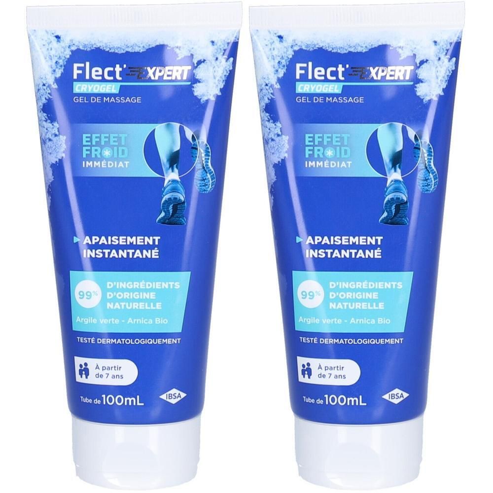 Deux tubes bleus avec bouchon blanc. Inscription: Flect'Expert Cryogel, Gel de massage, Effet Froid, 100ml. Testé dermatologiquement.