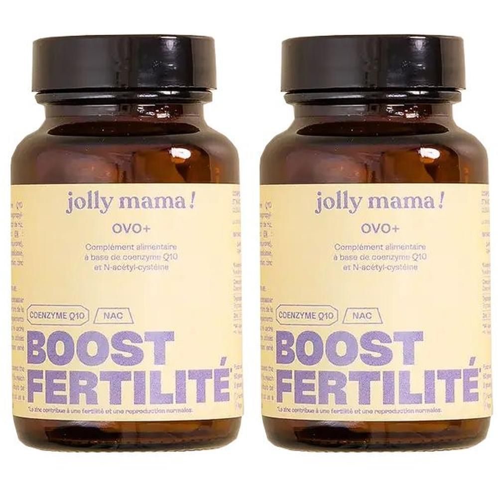 Deux flacons en verre brun avec des couvercles noirs. Les étiquettes indiquent "jolly mama! ovo+" et "BOOST FERTILITE".