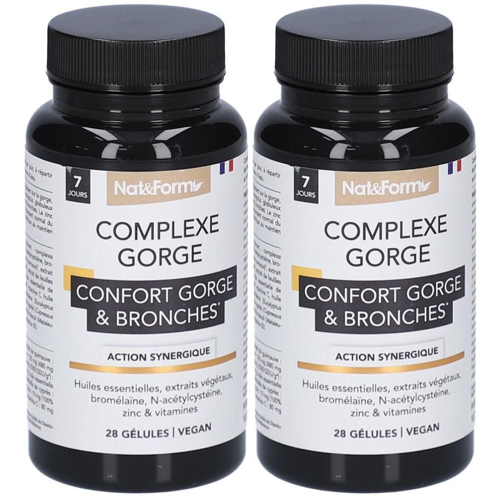 Deux flacons noirs de gélules. Inscription: COMPLEXE GORGE, CONFORT GORGE & BRONCHES. Contient 28 gélules. Vegan.