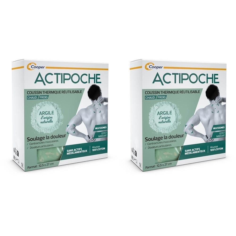 Deux boîtes ACTIPOCHE. Coussin thermique réutilisable, chaud/froid. Argile d'origine naturelle. Format 12,5 x 27 cm. Illustration du dos.