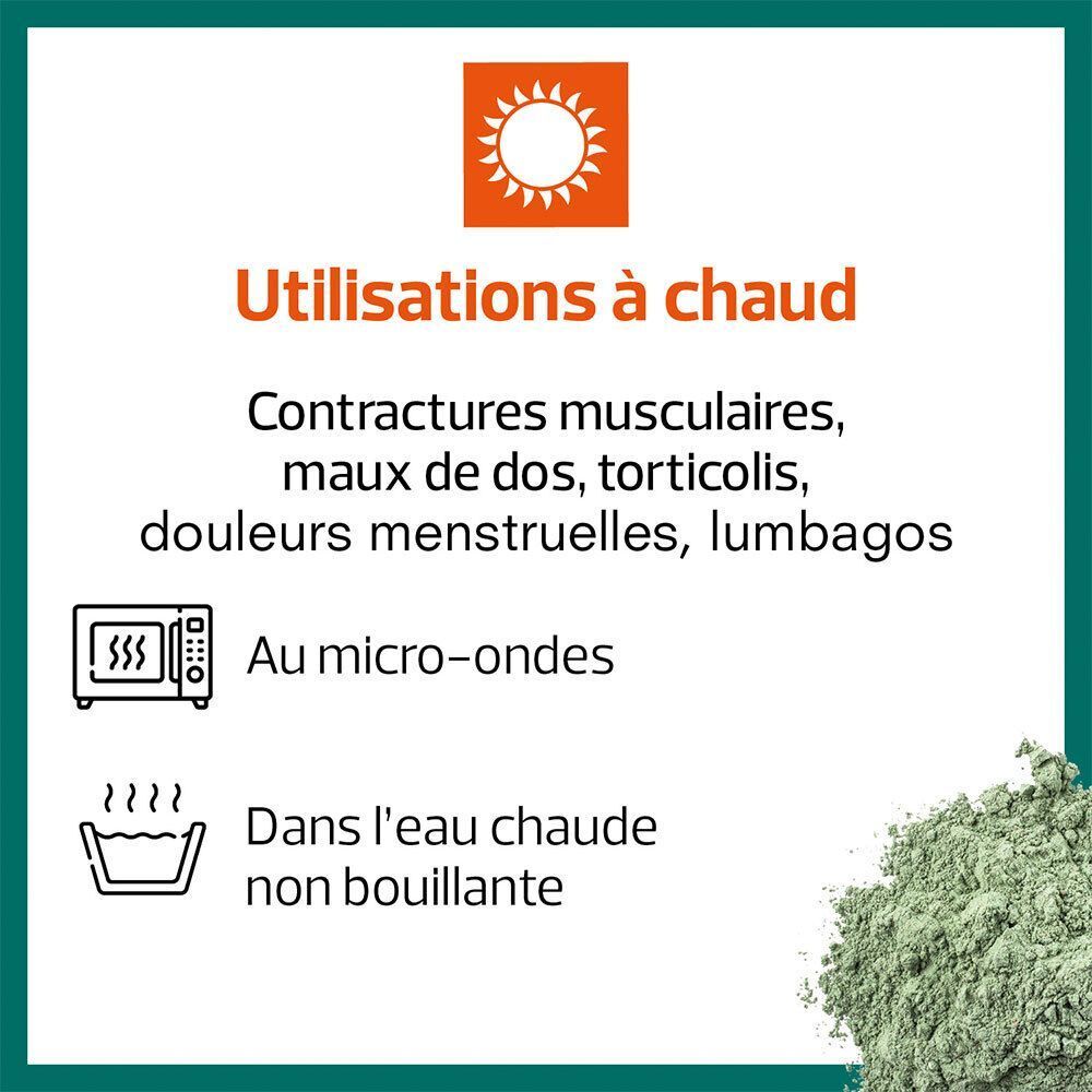 Infographie. Utilisations à chaud. Contractures musculaires, maux de dos, torticolis, douleurs menstruelles, lumbagos. Symboles micro-ondes et bain-marie.