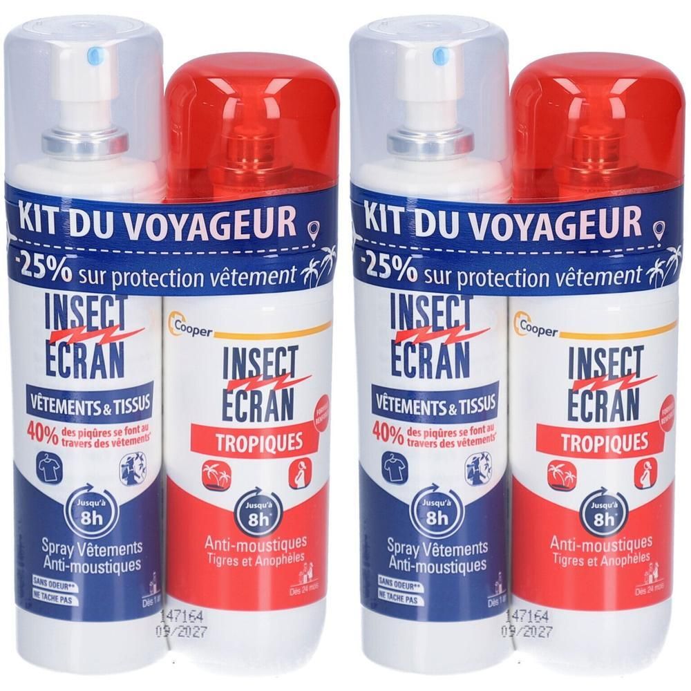 Deux sprays INSECT ECRAN. Inscription: KIT DU VOYAGEUR, 25% protection vêtements. Spray anti-moustiques et tropiques. Date de péremption 09/2027.