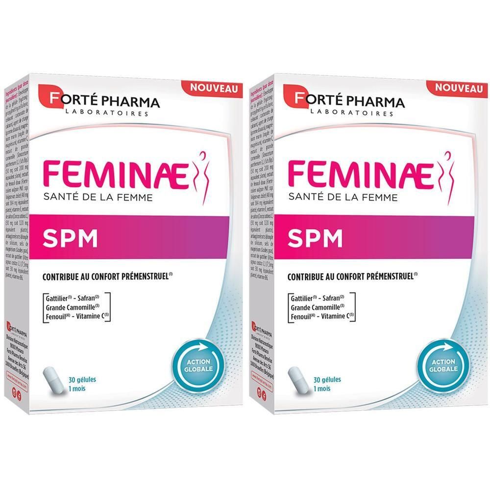 Deux boîtes de FORTE PHARMA Feminae SPM. Boîtes blanches avec des accents roses et blancs. Texte: Feminae, Santé de la Femme, SPM.