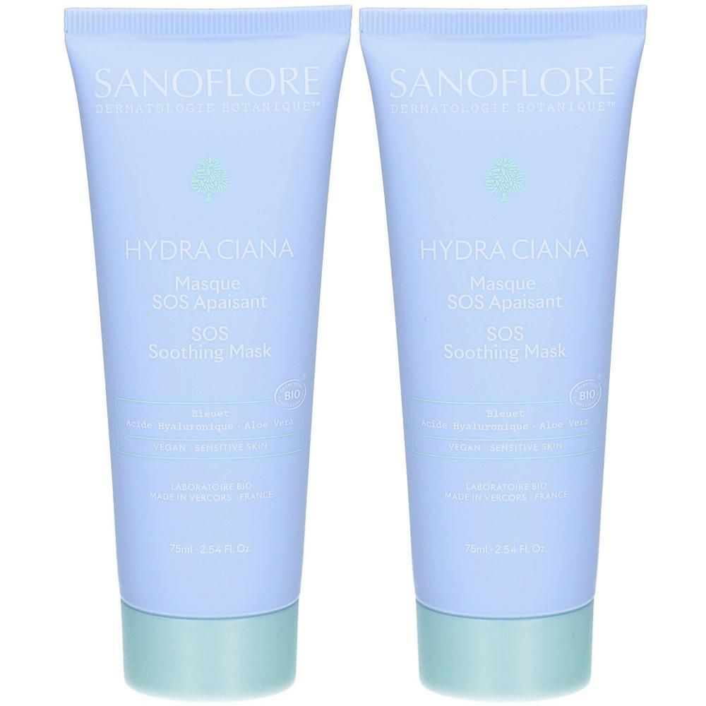 Deux tubes bleu clair. Inscription "SANOFLORE", "HYDRA CIANA Masque SOS Apaisant SOS Soothing Mask". Logos vert et blanc.