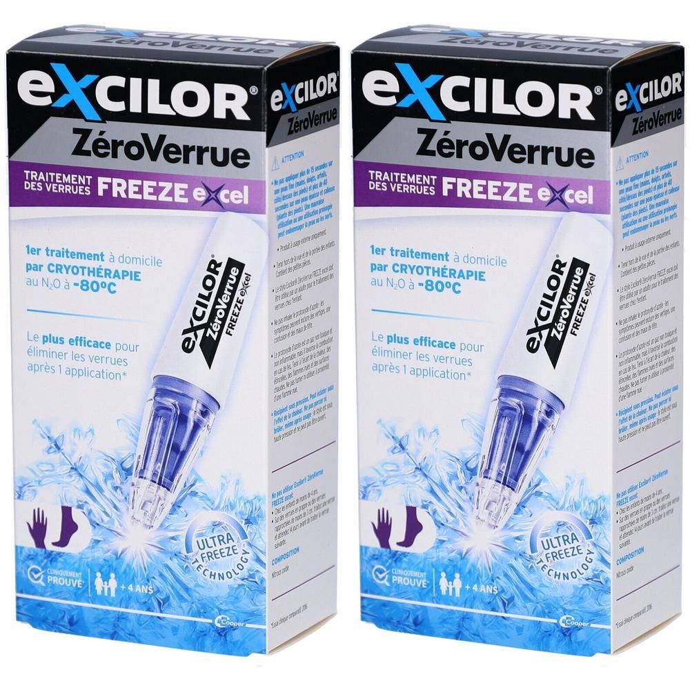 Deux boîtes EXCILOR ZéroVerrue. Inscription: FREEZE excel. Traitement des verrues par cryothérapie. Contient un applicateur.