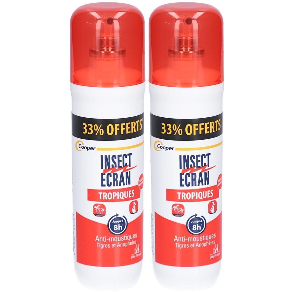 Deux flacons spray blancs avec bouchon rouge. Inscription: INSECT ECRAN TROPIQUES, 33% OFFERTS, Anti-moustiques. Marque Cooper.