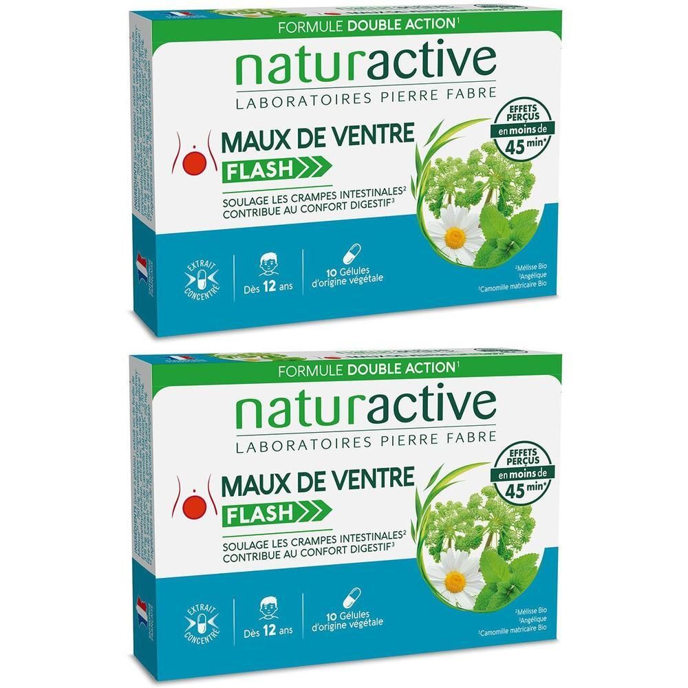 Deux boîtes de Naturactive Maux de ventre flash. Boîtes bleues et blanches avec informations et logo du produit.