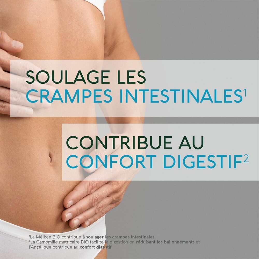 Texte sur fond gris : Soulage les crampes intestinales et contribue au confort digestif. Gros plan sur l'abdomen.
