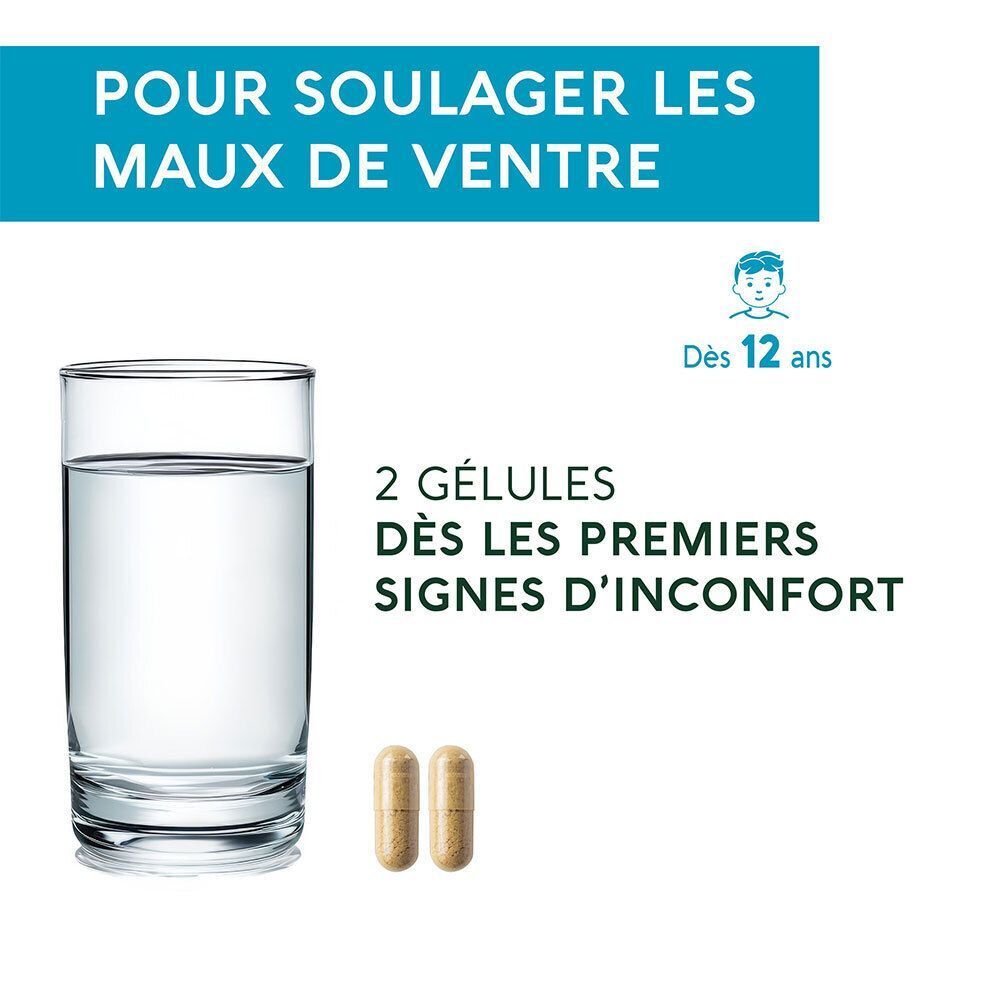 Verre d'eau et deux gélules. Texte : Pour soulager les maux de ventre. Dès 12 ans.