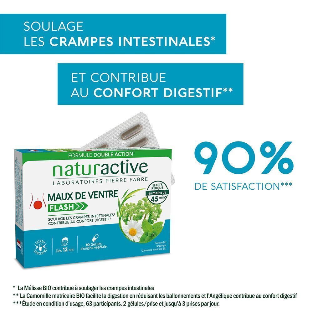 Emballage du produit avec gélules. Texte : Soulage les crampes intestinales et contribue au confort digestif. 90% de satisfaction.