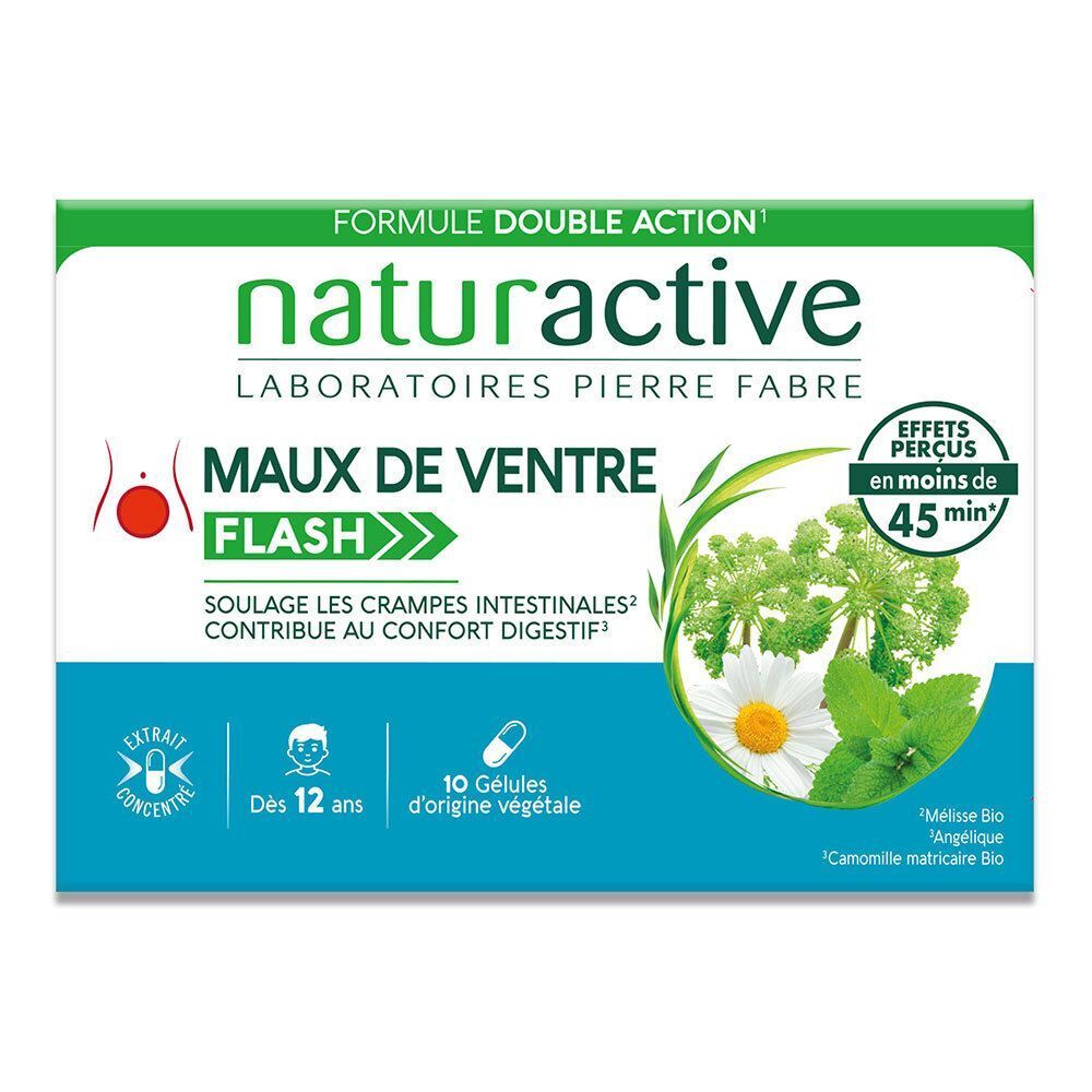 Emballage du produit Naturactive Maux de ventre flash. Boîte bleue et blanche avec informations sur le produit.