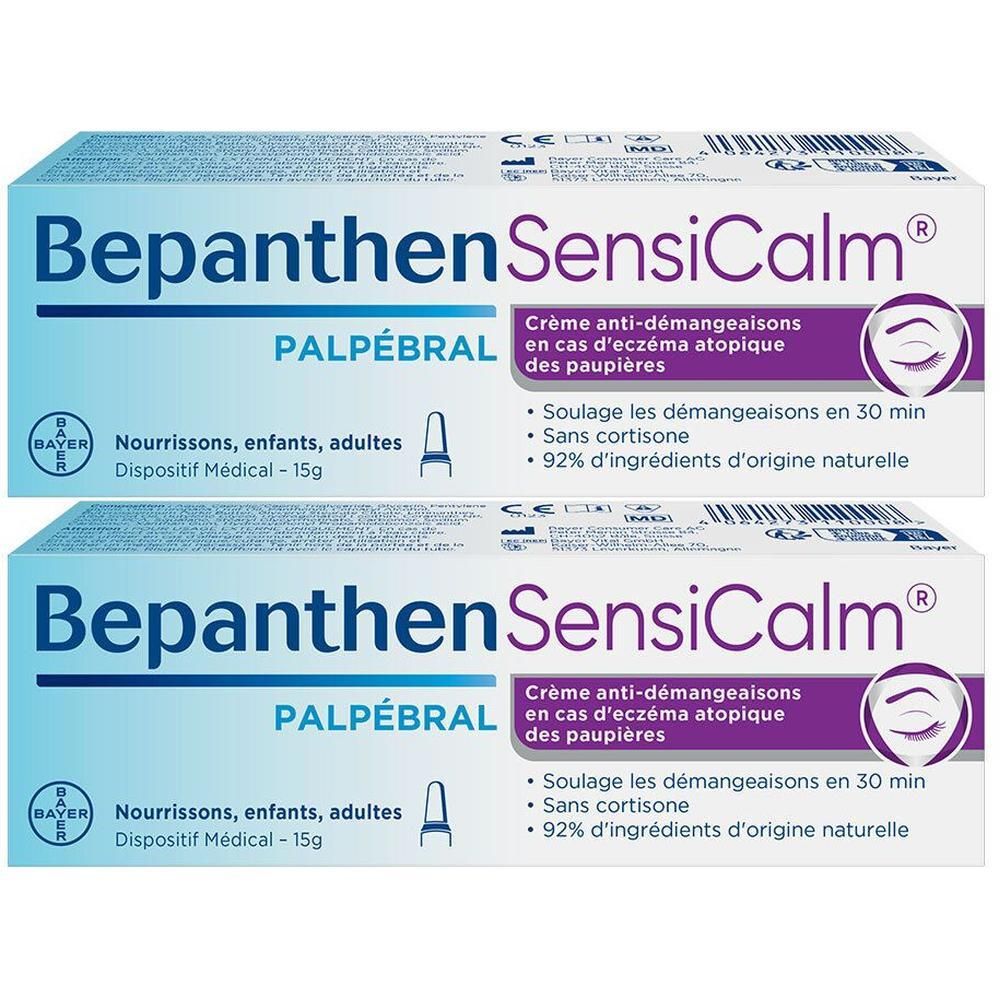 Deux boîtes de Bepanthen SensiCalm Palpébral. Inscription : Crème anti-démangeaisons en cas d'eczéma atopique des paupières. Dispositif médical.